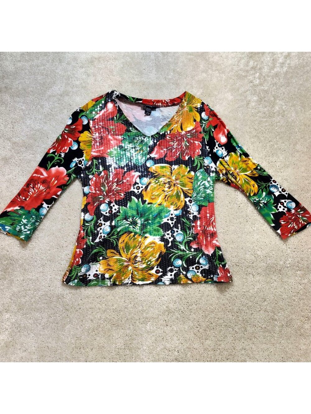 KAKTUS Floral Sequin Top Women Size XL V-Neck 3/4 Sleeve Stretch Knit Pullover